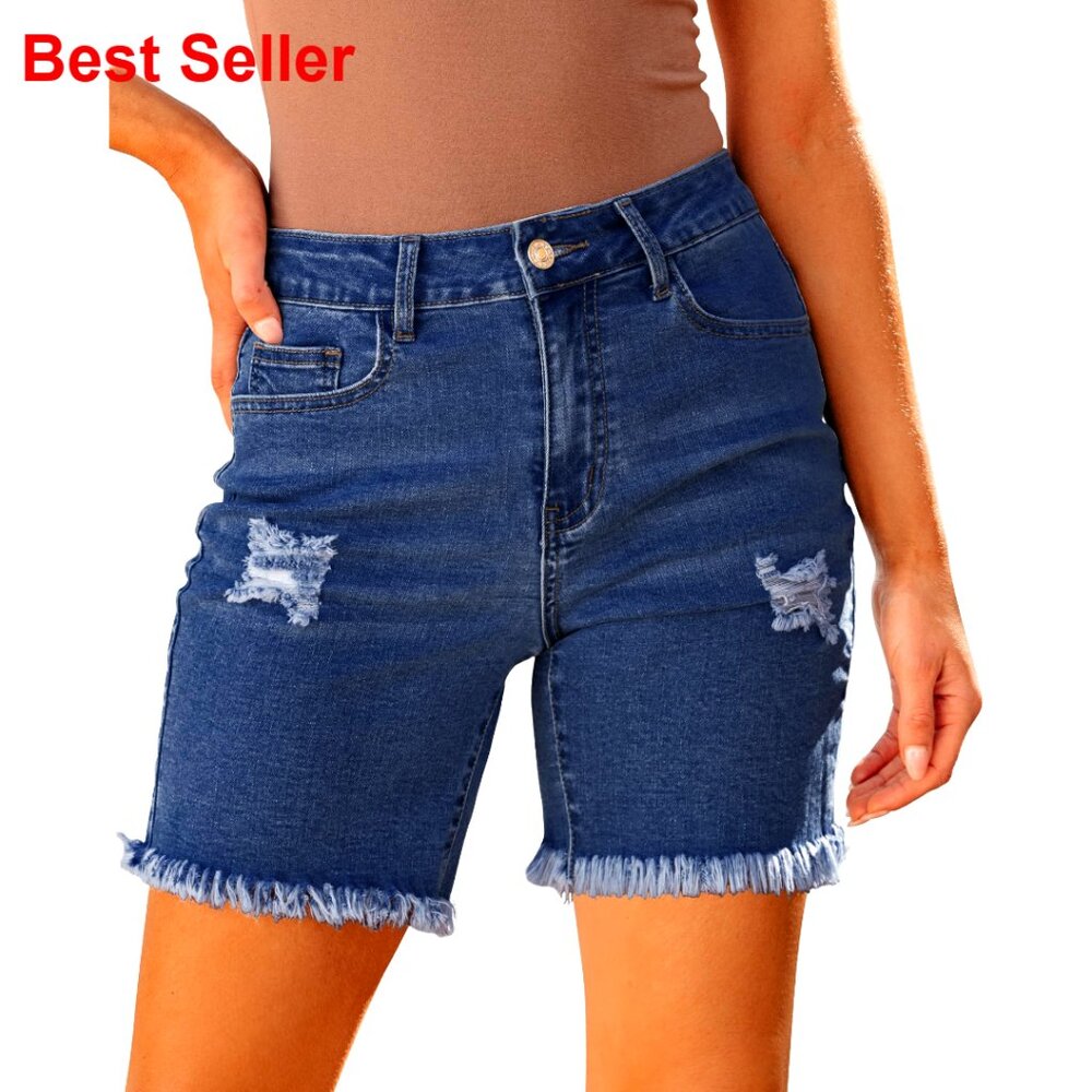 High Waisted Distressed Denim Shorts Stretchy Raw Hem Casual